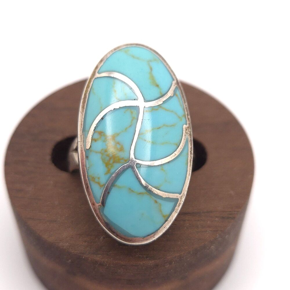 Southwestern Sterling Silver Oval Blue Stone Inlay Bezel Statement Ring Size 7.5